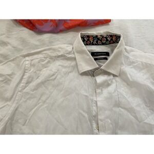 Bugatchi Uomo Mens White Tropical Leaf Jacquard Short Sleeve Shirt Classic Fit